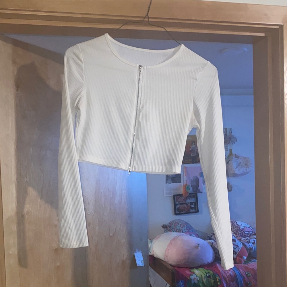 White Ribbed Zip-Up Crop Top